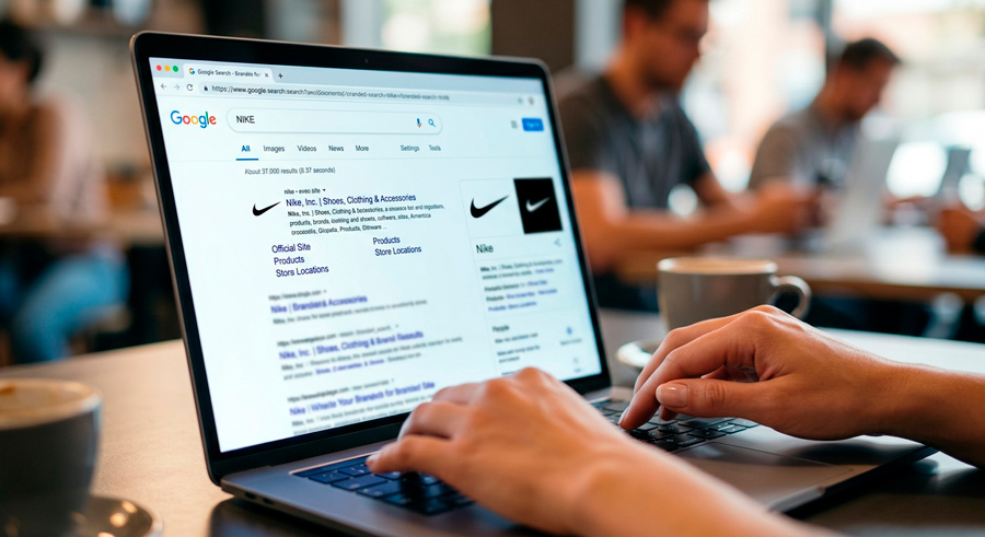 Pessoa usando notebook para pesquisas pela marca Nike.