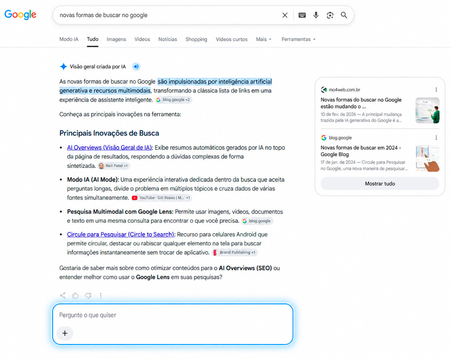 Tela de pesquisa da nova barra de busca do Google, onde é possível ver uma caixa para dar continuidade a uma busca realizada