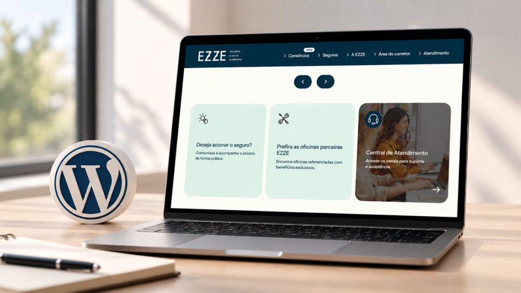 Novo site da EZZE com símbolo do wordpress ao lado.