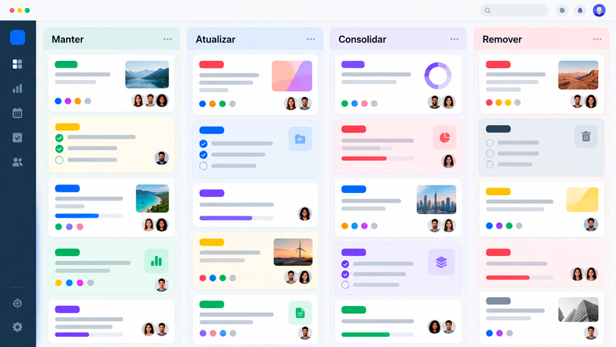Quadro Kanban mostrando processo de auditoria de SEO para conteúdo, com 4 colunas preenchidas com cards que representam conteúdos selecionados para manter, atualizar, consolidar e remover.