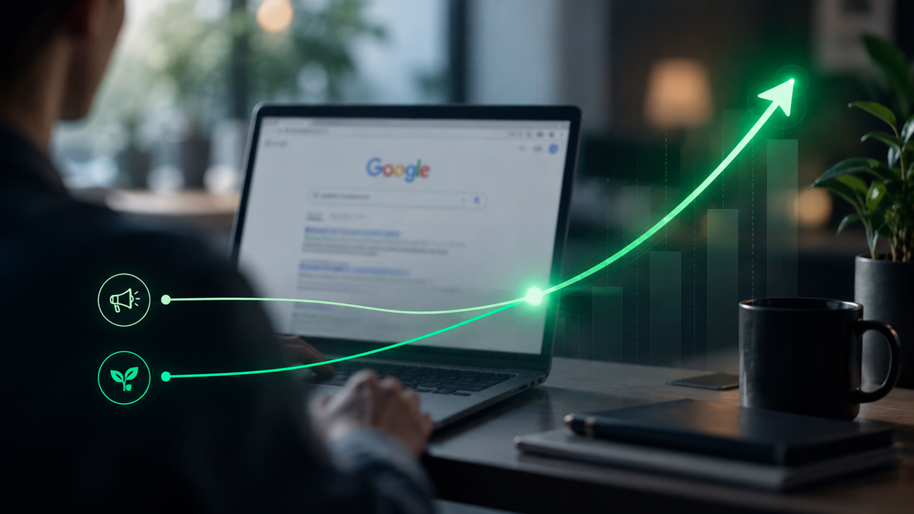 Um gráfico ascendente composto por duas linhas diferentes que se unem: uma representa construção de marca, a outra demanda orgânica. Depois da união, a curva cresce mais rapidamente. Pessoa fazendo pesquisa no Google ao fundo.