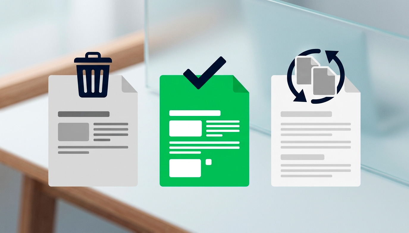 magem de três páginas com símbolos de deletar, manter ou consolidar. Três estratégias de análise de conteúdo importantes no SEO,