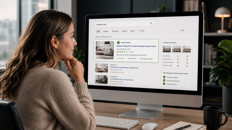 Mulher observando resultados de busca em um computador e comparando opções de compra, representando como a força da marca influencia a decisão do usuário na busca orgânica.