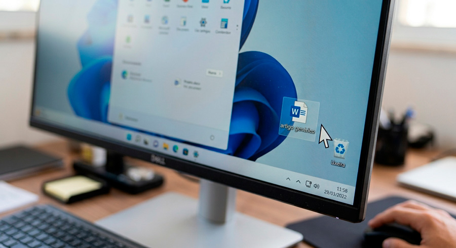ela do Windows com mouse movendo um documento nomeado como “artigo genérico” para a lixeira.
