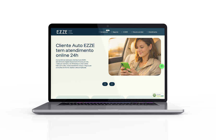 Mockup de página do novo site da ezze, com novo design projetado pela MO4 em parceria com a marca.