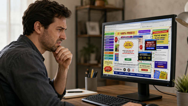 Homem olhando com expressão de desconfiança para um site com aparência amadora e interface confusa em um computador, representando baixa credibilidade e má usabilidade.
