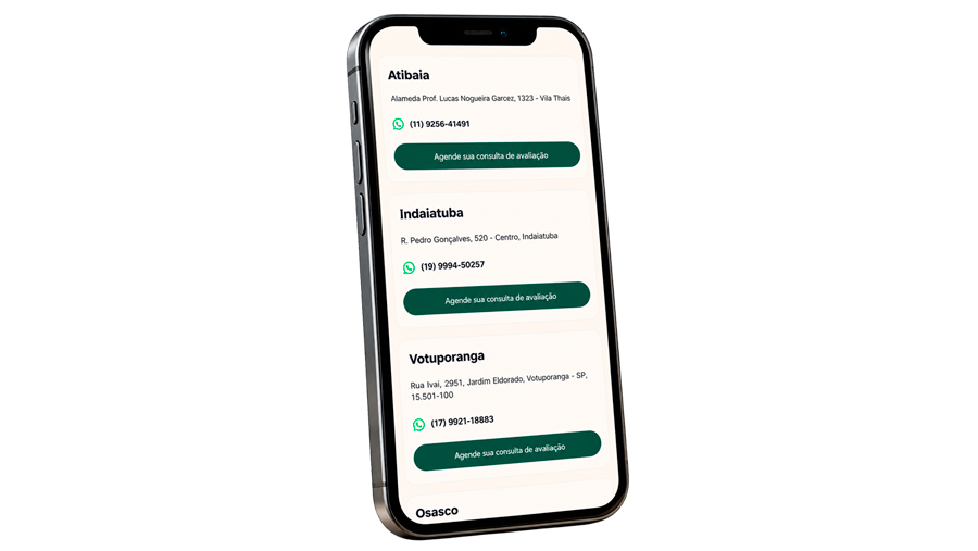 Mockup de celular com tela das unidades da Royal Face.